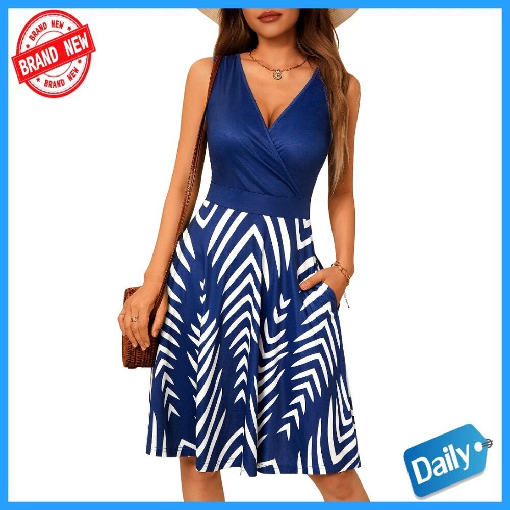 Wrap V Neck Sleeveless Sundress with Pockets Flare Tank Dress Summer